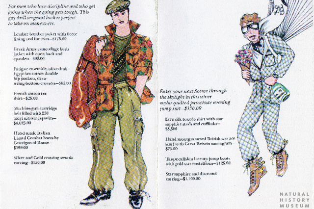 "Gay drill sergeant", and "parachute evening jumpsuit" outfit. 