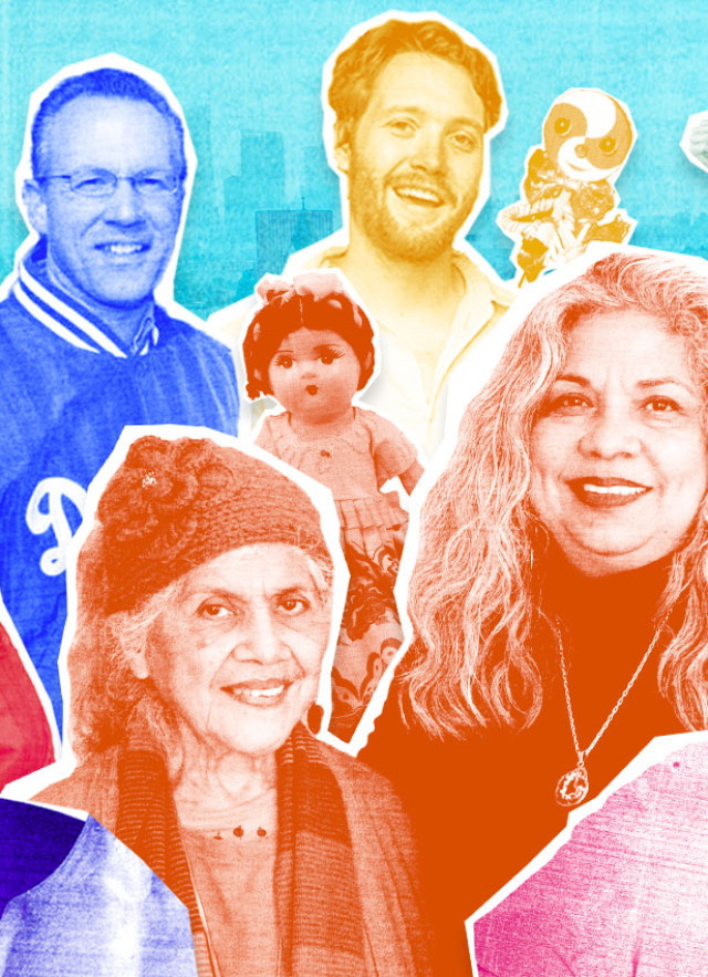 The featured creators, dolls, and figurines of L.A. at Play: Dolls & Figurines collaged on an aqua background