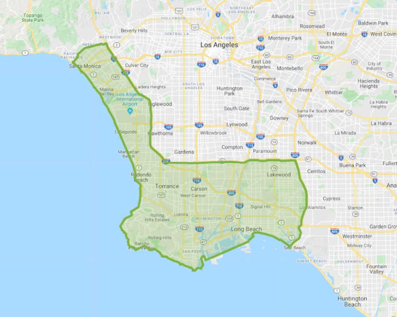 Map of the SuperProject 4 Boundary, on the coastal side of the 405 and 91 freeways from the Pacific Palisades to Long Beach